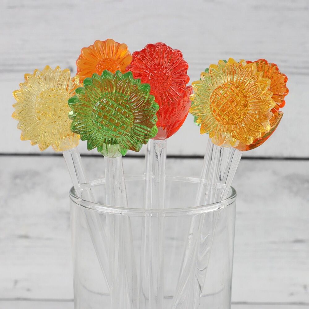 Vintage 1960s Lucite Flower Swizzle Sticks Set, Retro Cocktail Stirrers, Barware